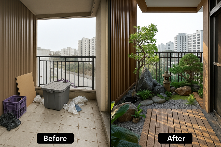 Sân vườn ban công nhà phố nhỏ với cây xanh và không gian thư giãn