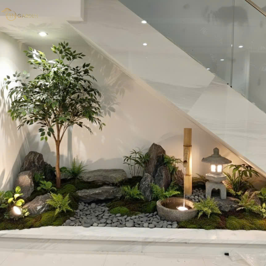 tiểu cảnh gầm cầu thang phong cách Nhật trong nhà phố Zen Garden